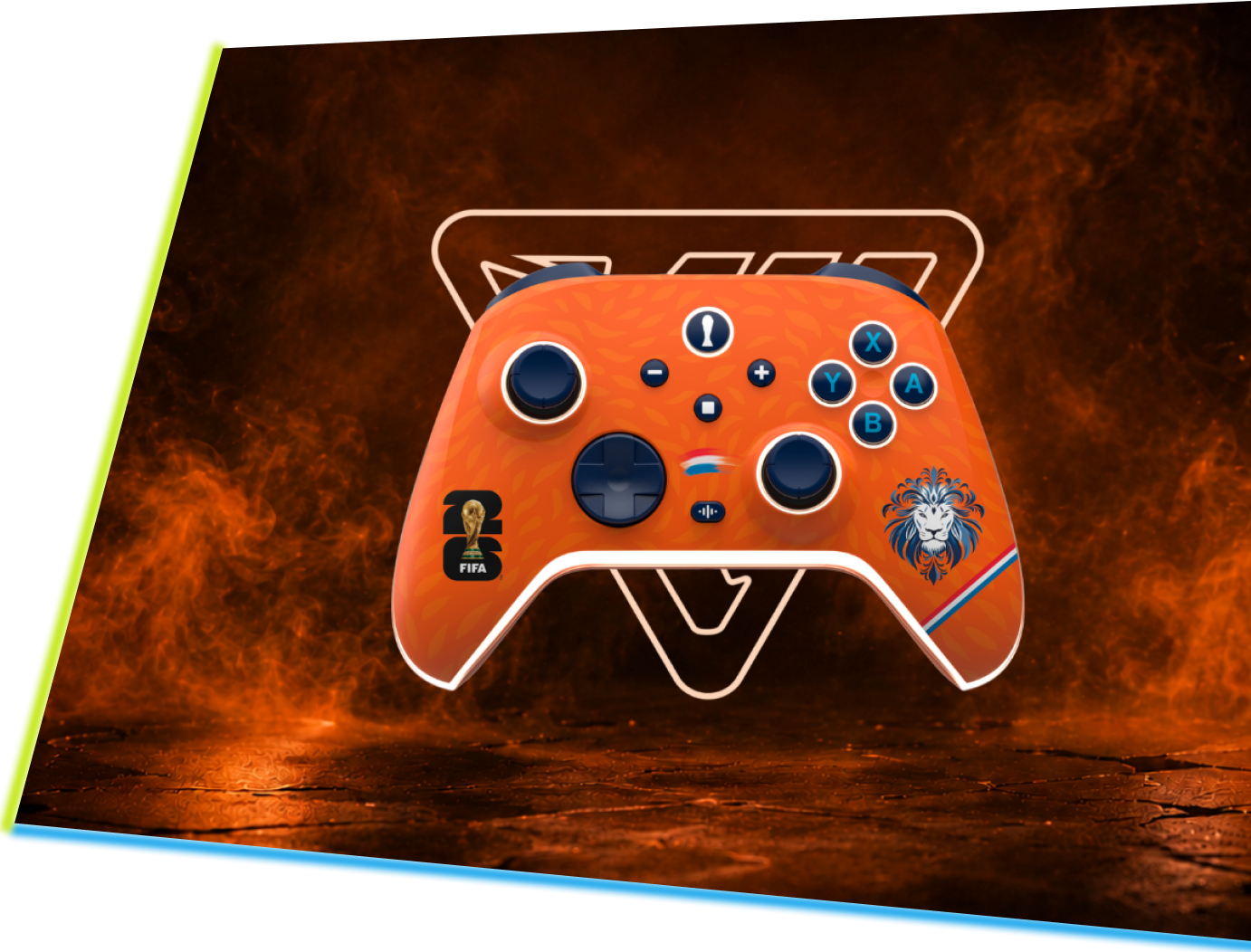 DragonShock custom wireless gaming controller against a fiery orange background.