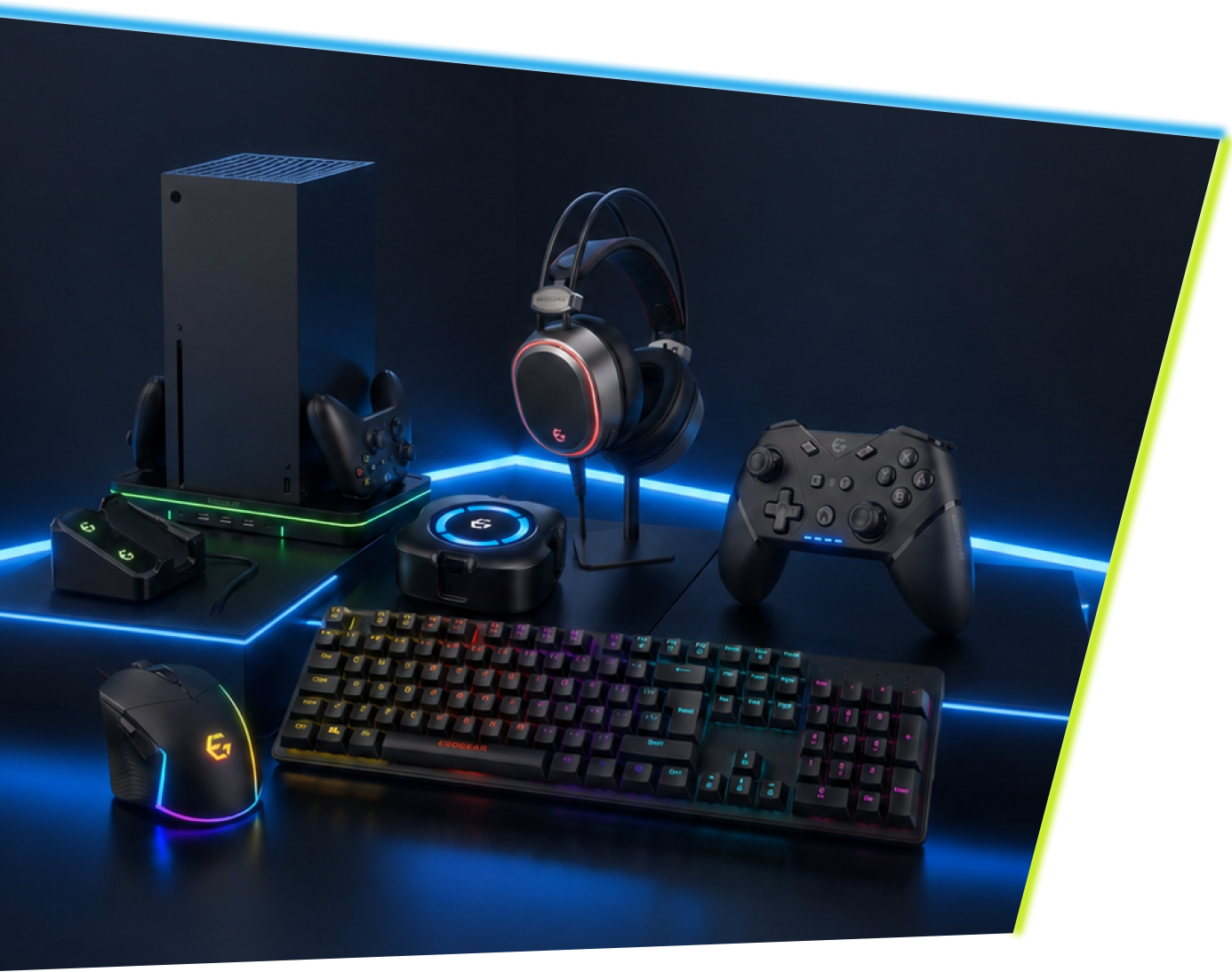 EgoGear professional gaming accessories setup with headset, keyboard, and console.