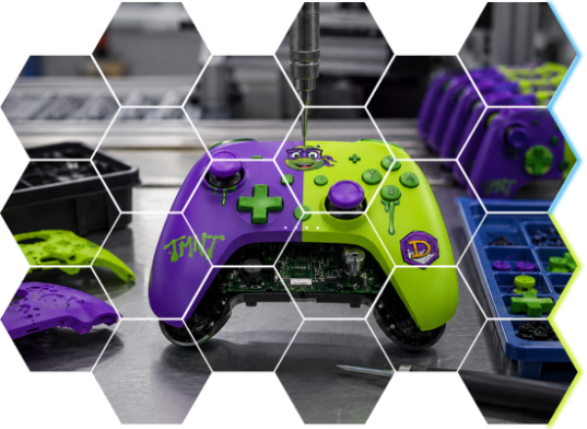 Orizon gaming accessory brand development showing custom-designed neon controllers in production.